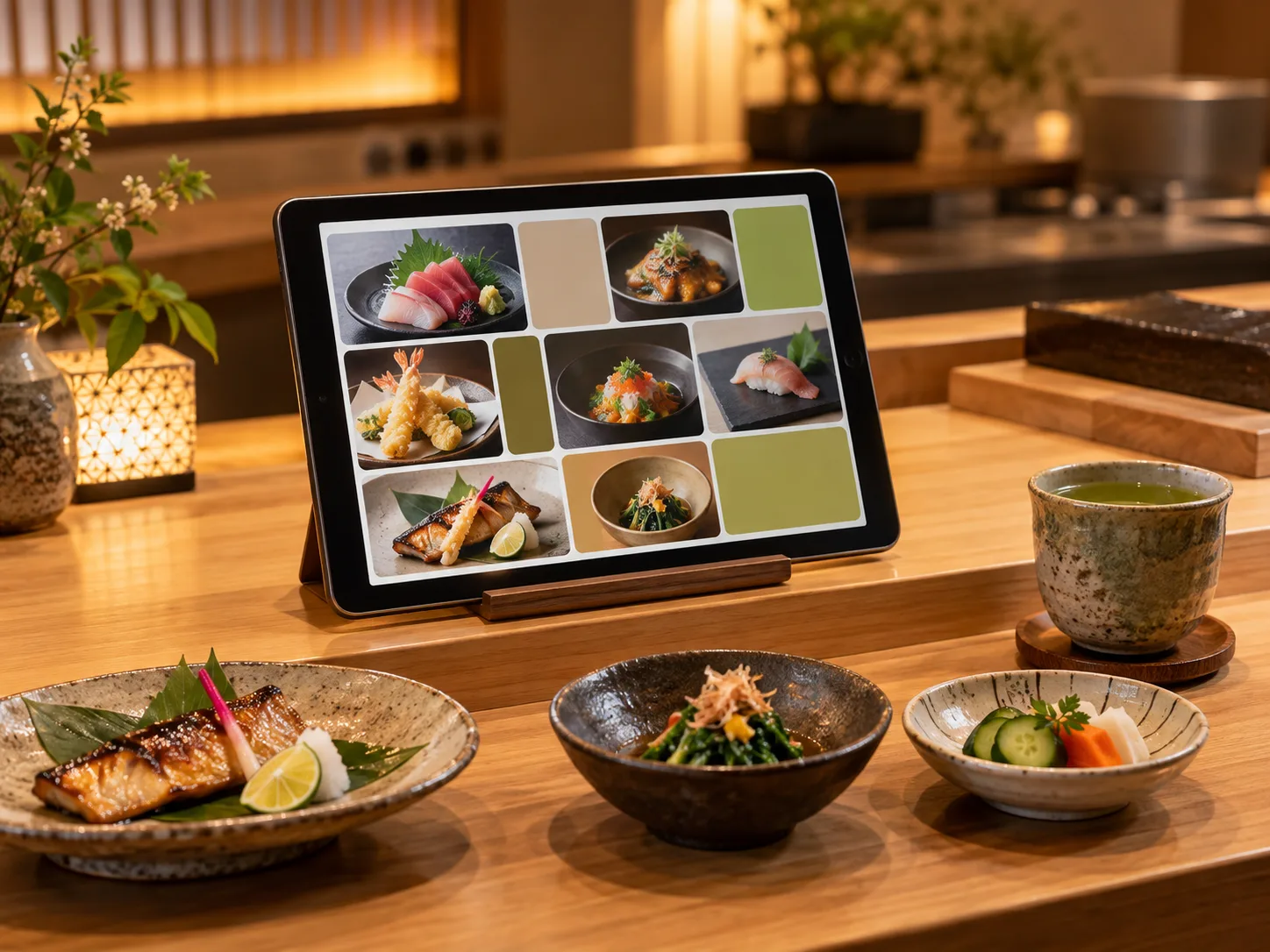 多言語メニューを表示したタブレットと料理が並ぶ飲食店のテーブル